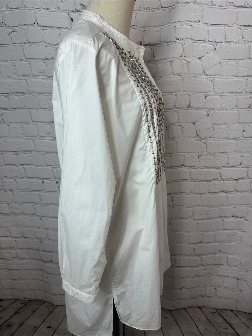 Paule Ka Paris White Beaded Embellished Tunic Blouse Cotton Size 44 US 12